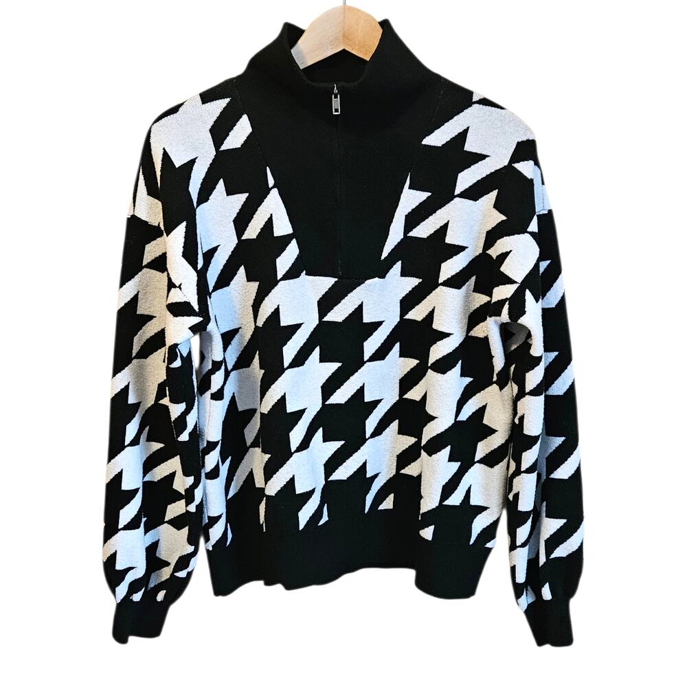 Nine West Black White Houndstooth Half Zip Sweater Women’s Size L